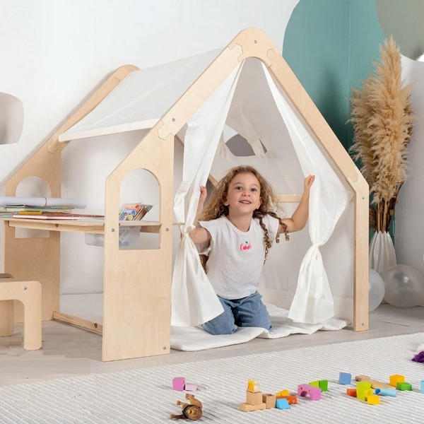 Продукт GINGER HOME - Детска Дървена Къща за Игра 6 в 1 – Стол, Маса, Черна Дъска, Органайзер, Тента и Мека Подложка - 0 - BG Hlapeta