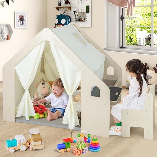 Продукт GINGER HOME - Детска Дървена Къща за Игра 6 в 1 – Стол, Маса, Черна Дъска, Органайзер, Тента и Мека Подложка - 0 - BG Hlapeta
