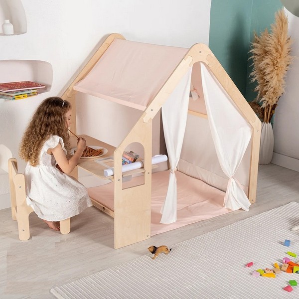 Продукт GINGER HOME - Детска Дървена Къща за Игра 6 в 1 – Стол, Маса, Черна Дъска, Органайзер, Тента и Мека Подложка - 0 - BG Hlapeta