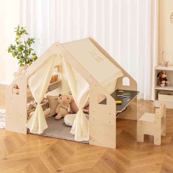 Продукт GINGER HOME - Детска Дървена Къща за Игра 6 в 1 – Стол, Маса, Черна Дъска, Органайзер, Тента и Мека Подложка - 0 - BG Hlapeta
