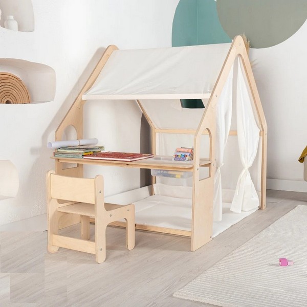 Продукт GINGER HOME - Детска Дървена Къща за Игра 6 в 1 – Стол, Маса, Черна Дъска, Органайзер, Тента и Мека Подложка - 0 - BG Hlapeta