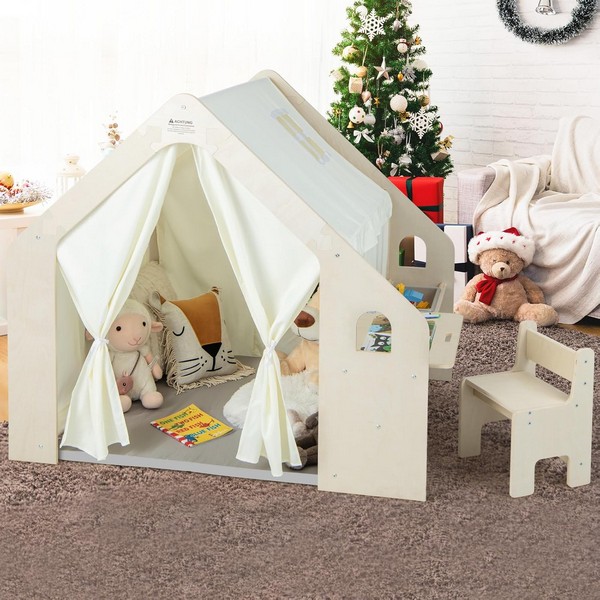 Продукт GINGER HOME - Детска Дървена Къща за Игра 6 в 1 – Стол, Маса, Черна Дъска, Органайзер, Тента и Мека Подложка - 0 - BG Hlapeta