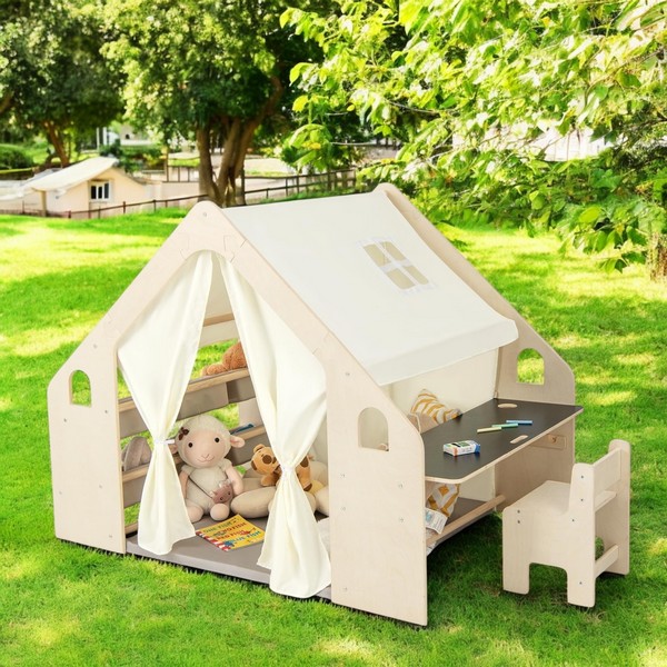 Продукт GINGER HOME - Детска Дървена Къща за Игра 6 в 1 – Стол, Маса, Черна Дъска, Органайзер, Тента и Мека Подложка - 0 - BG Hlapeta