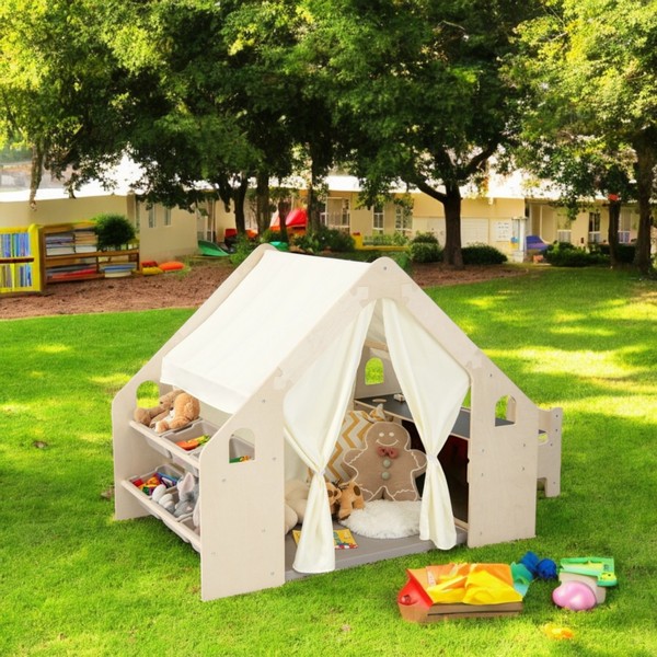 Продукт GINGER HOME - Детска Дървена Къща за Игра 6 в 1 – Стол, Маса, Черна Дъска, Органайзер, Тента и Мека Подложка - 0 - BG Hlapeta