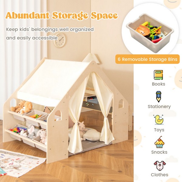 Продукт GINGER HOME - Детска Дървена Къща за Игра 6 в 1 – Стол, Маса, Черна Дъска, Органайзер, Тента и Мека Подложка - 0 - BG Hlapeta