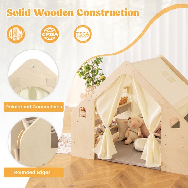 Продукт GINGER HOME - Детска Дървена Къща за Игра 6 в 1 – Стол, Маса, Черна Дъска, Органайзер, Тента и Мека Подложка - 0 - BG Hlapeta