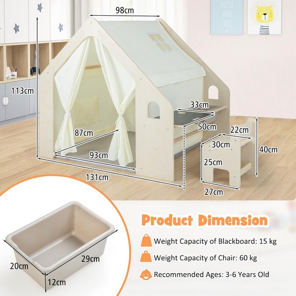 Продукт GINGER HOME - Детска Дървена Къща за Игра 6 в 1 – Стол, Маса, Черна Дъска, Органайзер, Тента и Мека Подложка - 0 - BG Hlapeta