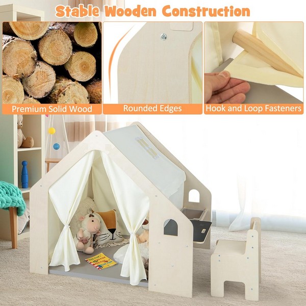 Продукт GINGER HOME - Детска Дървена Къща за Игра 6 в 1 – Стол, Маса, Черна Дъска, Органайзер, Тента и Мека Подложка - 0 - BG Hlapeta