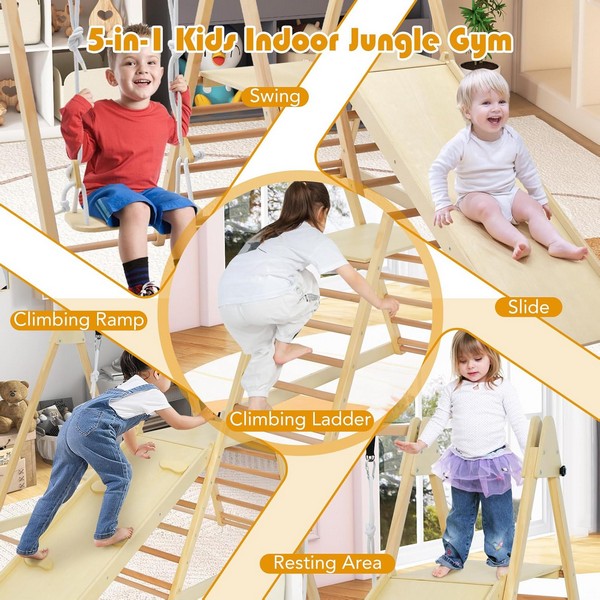 Продукт GINGER HOME - Детски Дървен Комплект 4 в 1 – Люлка, Пързалка, Катерушка и Рампа за Катерене, 120x112x114 см - 0 - BG Hlapeta