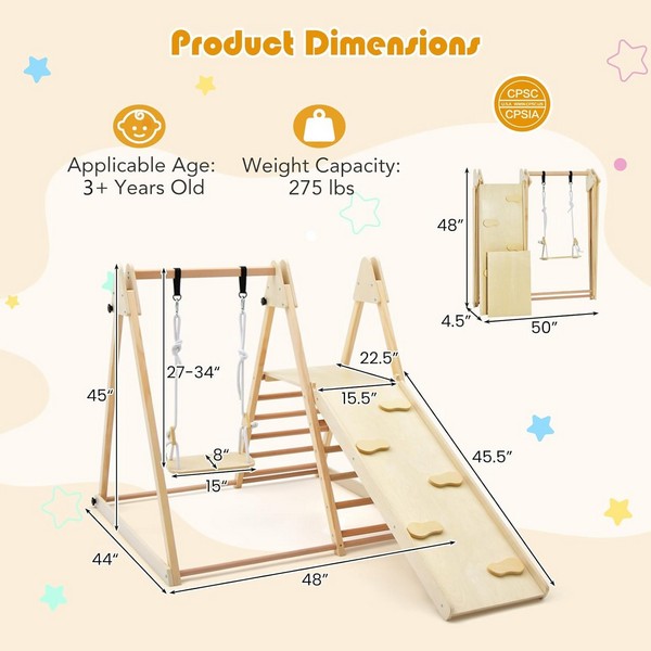 Продукт GINGER HOME - Детски Дървен Комплект 4 в 1 – Люлка, Пързалка, Катерушка и Рампа за Катерене, 120x112x114 см - 0 - BG Hlapeta