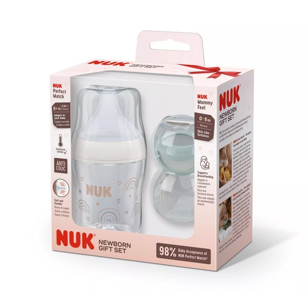 NUK Perfect Match MommyFeel Подаръчен сет - Шише 150мл., Дъга + залъгалка 0-9 мес.