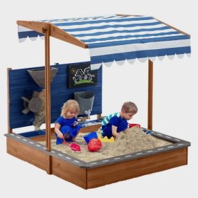 GINGER HOME - Детски Дървен Пясъчник с Регулируем Покрив, Аксесоари за Игра 120x120x120 см