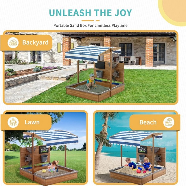 Продукт GINGER HOME - Детски Дървен Пясъчник с Регулируем Покрив, Аксесоари за Игра 120x120x120 см - 0 - BG Hlapeta