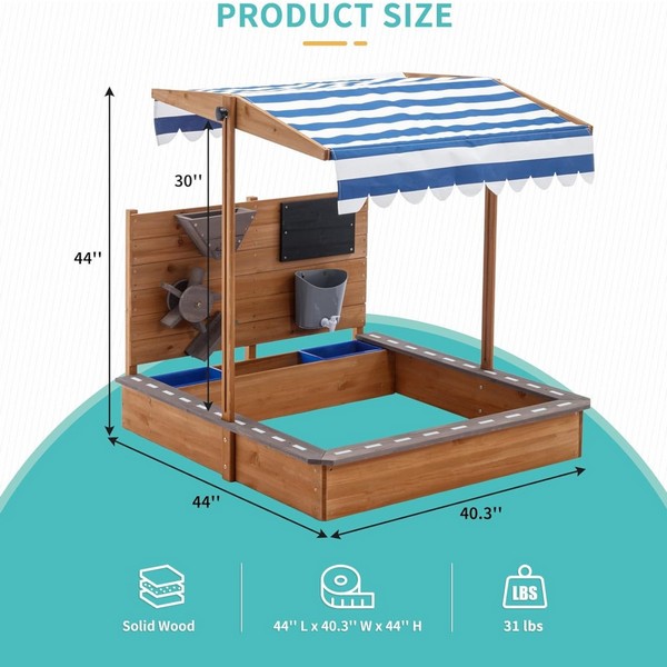 Продукт GINGER HOME - Детски Дървен Пясъчник с Регулируем Покрив, Аксесоари за Игра 120x120x120 см - 0 - BG Hlapeta