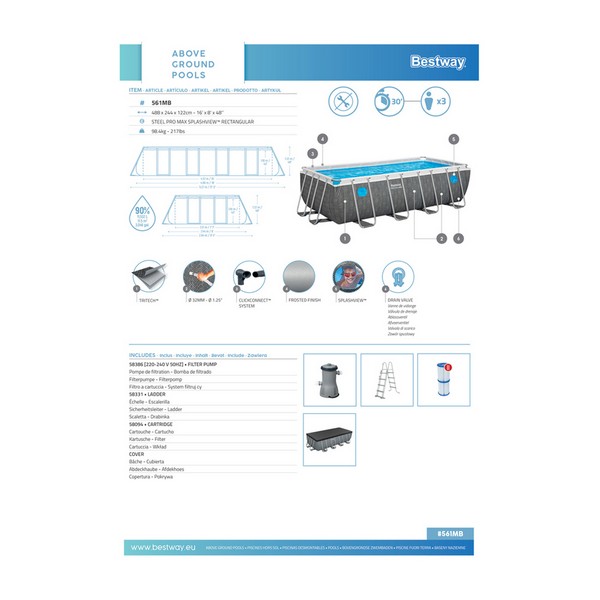 Продукт Bestway Steel Pro Max - Сглобяем басейн с тръбна конструкция правоъгълен 488х244х122см с помпа - 0 - BG Hlapeta