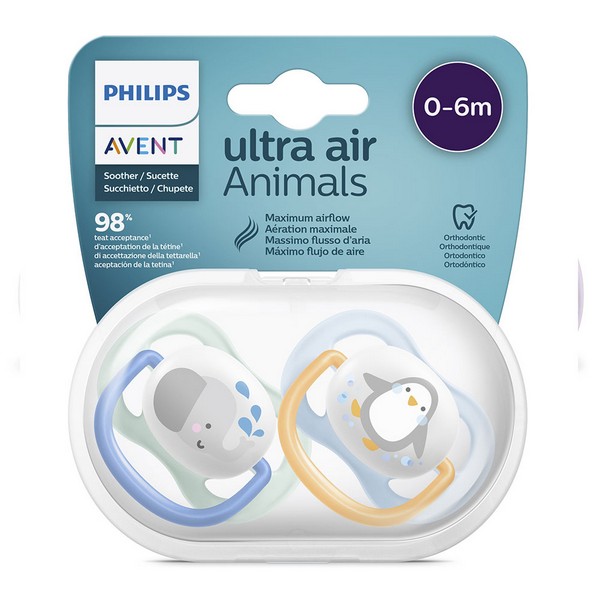 Продукт Philips AVENT Ultra Air Animals - 2 бр. ортодонтични залъгалки 0-6м с декорация в кутия за стерилизиране - 0 - BG Hlapeta