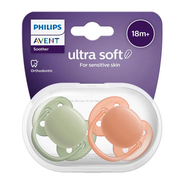 Продукт Philips AVENT Ultra Soft - Комплект от 2 бр. ортодонтични залъгалки 18м+, в кутия за стерилизиране - 0 - BG Hlapeta