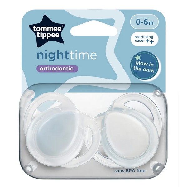 Продукт Tommee Tippee NIGHT TIME - Комплект от 2 бр. ортодонтични залъгалки със светеща в тъмното дръжка, 0-6м, в кутия за стерилизиране - 0 - BG Hlapeta