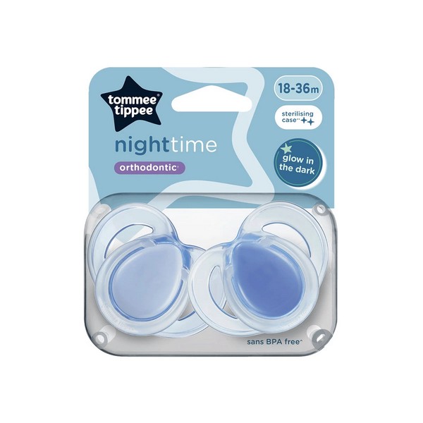Продукт Tommee Tippee NIGHT TIME - Комплект от 2 бр. ортодонтични залъгалки със светеща в тъмното дръжка, 18-36м, в кутия за стерилизиране - 0 - BG Hlapeta