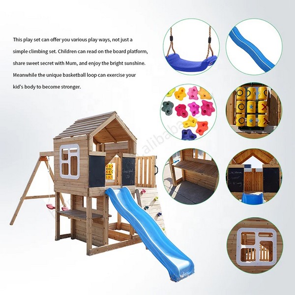 Продукт GINGER HOME - Голяма Детска Дървена Къщичка за Двор с Пързалка, 2 Люлки, Катерушка и Пясъчник – 250×150×267 см - 0 - BG Hlapeta