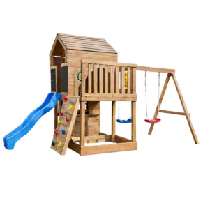 GINGER HOME - Голяма Детска Дървена Къщичка за Двор с Пързалка, 2 Люлки, Катерушка и Пясъчник – 250×150×267 см