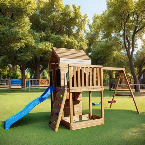 Продукт GINGER HOME - Голяма Детска Дървена Къщичка за Двор с Пързалка, 2 Люлки, Катерушка и Пясъчник – 250×150×267 см - 0 - BG Hlapeta