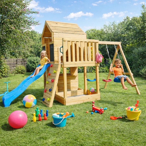 Продукт GINGER HOME - Голяма Детска Дървена Къщичка за Двор с Пързалка, 2 Люлки, Катерушка и Пясъчник – 250×150×267 см - 0 - BG Hlapeta