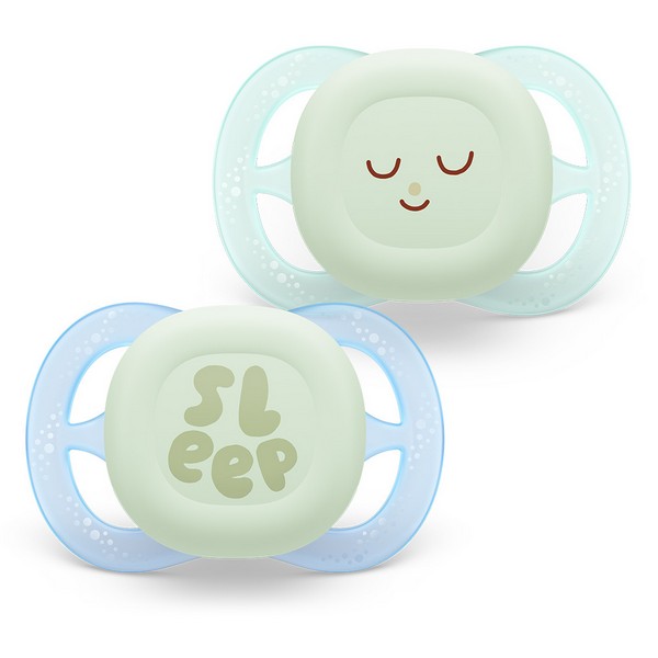 Продукт Philips AVENT Ultra Start Night - 2 бр. светещи в тъмното ортодонтски залъгалки за новородени, в синьо и зелено с декор Sleep, в кутия за стерилизиране - 0 - BG Hlapeta