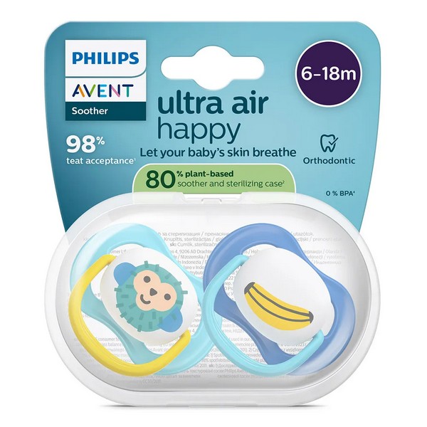Продукт Philips AVENT Ultra Air Happy - 2 броя ортодонтски силиконови залъгалки, 6-18м, с декорация в синьо, в кутия за стерилизиране - 0 - BG Hlapeta