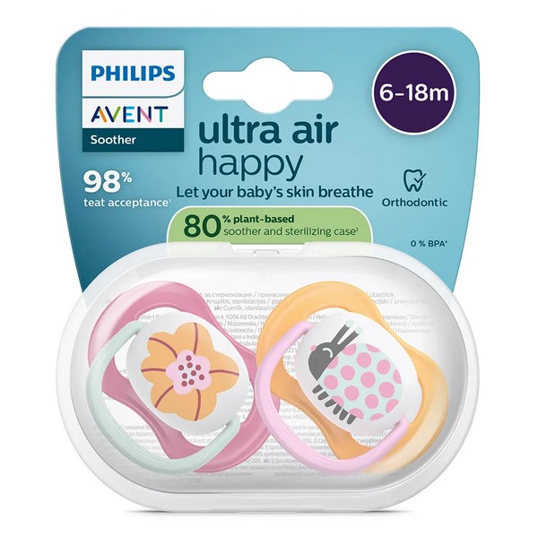 Продукт Philips AVENT Ultra Air Happy - 2 броя ортодонтски силиконови залъгалки, 6-18м, с декорация в синьо, в кутия за стерилизиране - 0 - BG Hlapeta