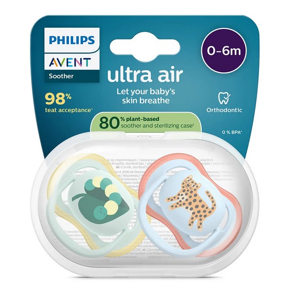 Продукт Philips AVENT Ultra Air - 2 броя ортодонтски силиконови залъгалки, 0-6м, пастелни с картинки, в кутия за стерилизиране - 0 - BG Hlapeta