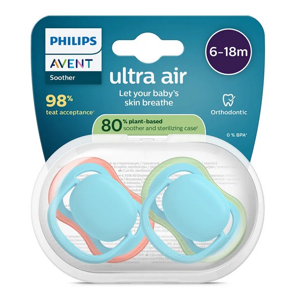 Продукт Philips AVENT Ultra Air - 2 броя ортодонтски силиконови залъгалки, 6-18м, едноцветни, в кутия за стерилизиране - 0 - BG Hlapeta