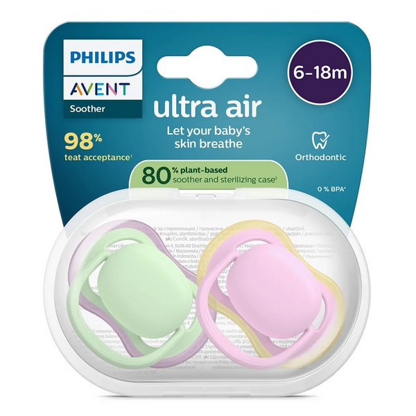 Продукт Philips AVENT Ultra Air - 2 броя ортодонтски силиконови залъгалки, 6-18м, едноцветни, в кутия за стерилизиране - 0 - BG Hlapeta