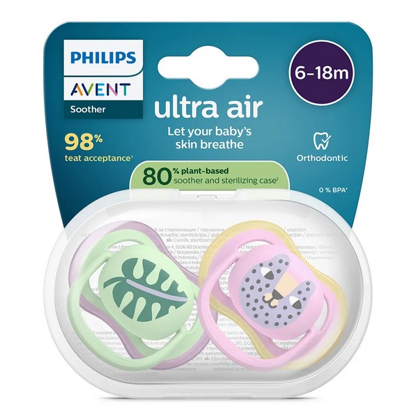 Продукт Philips AVENT Ultra Air - 2 броя ортодонтски силиконови залъгалки, 6-18м, с картинки, в кутия за стерилизиране - 0 - BG Hlapeta