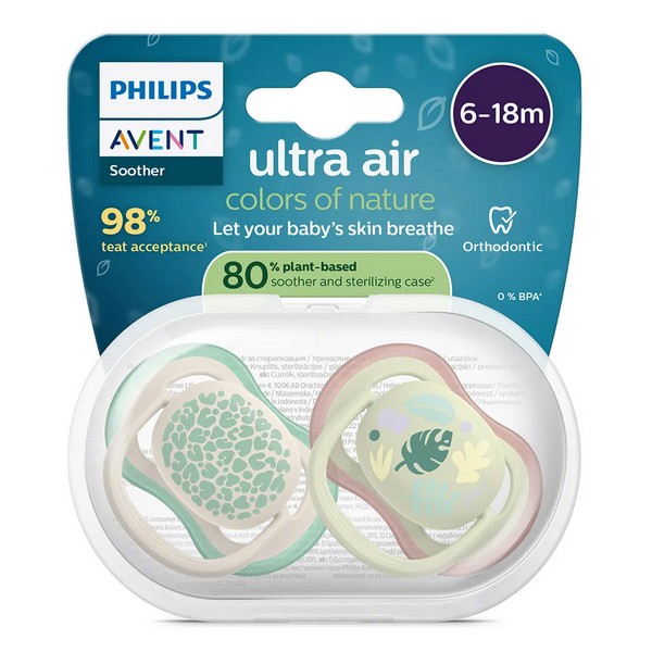 Продукт Philips AVENT Ultra Air - 2 броя ортодонтски силиконови залъгалки, 6-18м, с картинки, в кутия за стерилизиране - 0 - BG Hlapeta