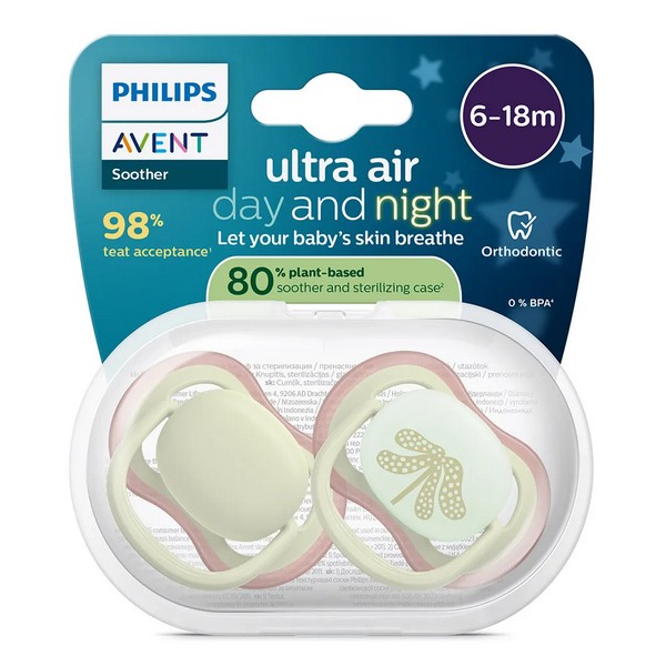 Продукт Philips AVENT Ultra Air Day and Night - 2 броя ортодонтски силиконови залъгалки, 6-18м, пастелни цветове, унисекс, в кутия за стерилизиране - 0 - BG Hlapeta