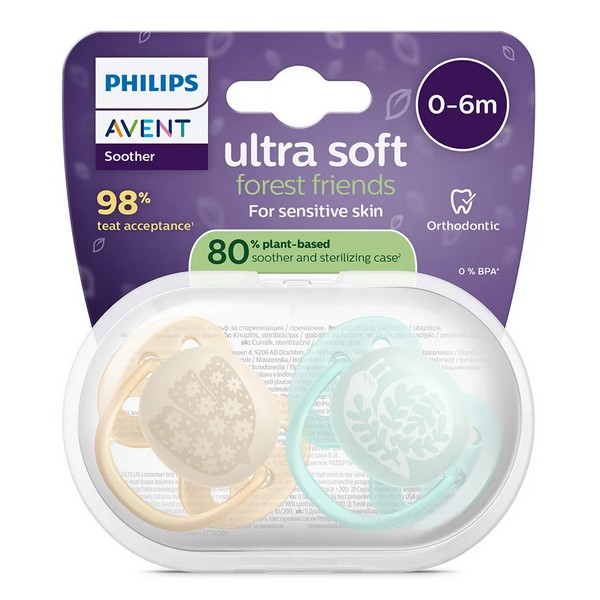 Продукт Philips AVENT Ultra Soft - Комплект от 2 броя ортодонтични силиконови залъгалки, в кутия за стерилизиране, plant-based - 0 - BG Hlapeta
