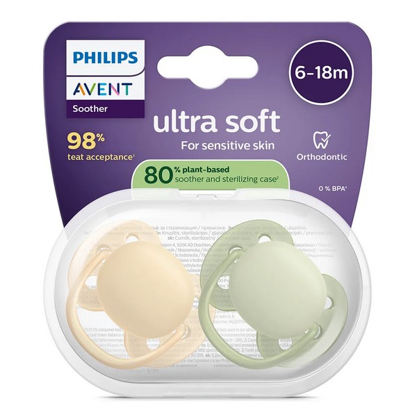 Продукт Philips AVENT Ultra Soft - Комплект от 2 броя ортодонтични силиконови залъгалки, в кутия за стерилизиране, plant-based - 0 - BG Hlapeta