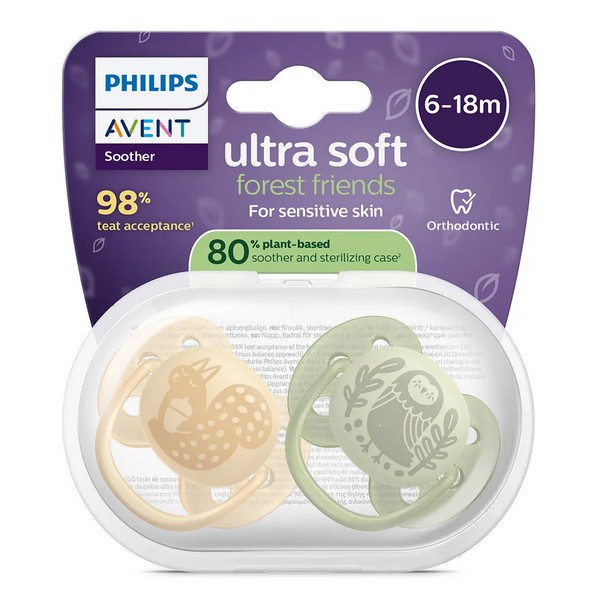 Продукт Philips AVENT Ultra Soft - Комплект от 2 броя ортодонтични силиконови залъгалки, в кутия за стерилизиране, plant-based - 0 - BG Hlapeta