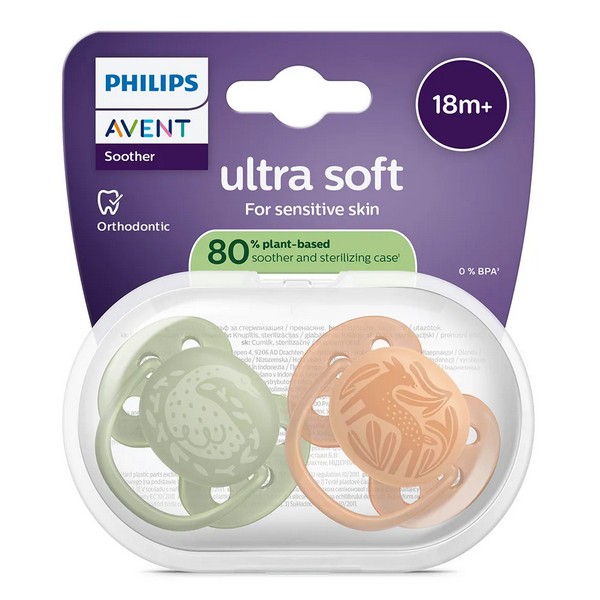 Продукт Philips AVENT Ultra Soft - Комплект от 2 броя ортодонтични силиконови залъгалки, в кутия за стерилизиране, plant-based - 0 - BG Hlapeta