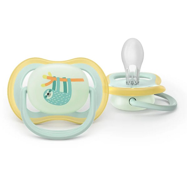 Philips AVENT Ultra Air NightTime - 2 броя светещи в тъмното, ортодонтски силиконови залъгалки, 0-6м, с картинки, в кутия за стерилизиране