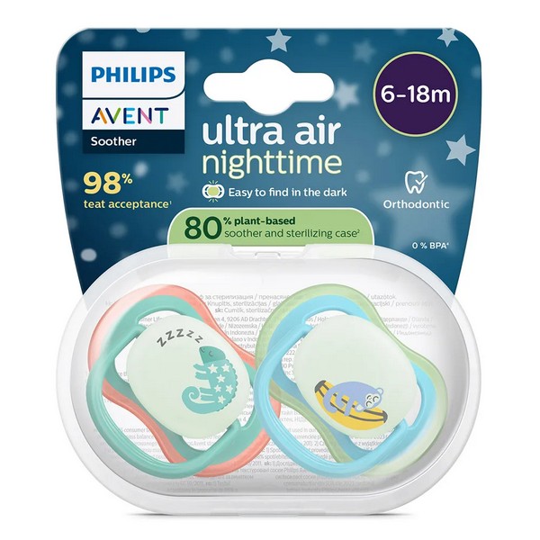 Продукт Philips AVENT Ultra Air NightTime - 2 броя светещи в тъмното, ортодонтски силиконови залъгалки, 6-18м, с картинки, в кутия за стерилизиране - 0 - BG Hlapeta