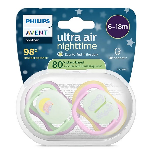 Продукт Philips AVENT Ultra Air NightTime - 2 броя светещи в тъмното, ортодонтски силиконови залъгалки, 6-18м, с картинки, в кутия за стерилизиране - 0 - BG Hlapeta
