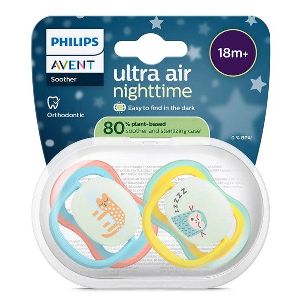 Продукт Philips AVENT Ultra Air NightTime - 2 броя светещи в тъмното, ортодонтски силиконови залъгалки, 18м+, с картинки, в кутия за стерилизиране - 0 - BG Hlapeta