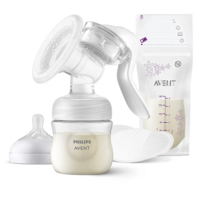Philips AVENT Natural Response Natural Motion - Ръчна помпа за изцеждане на кърма в комплект с шише 125 мл, торбички за кърма и подплънки за кърмачки