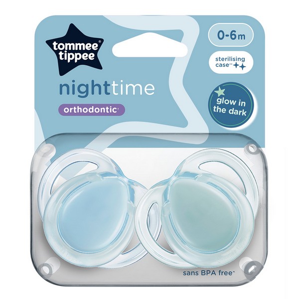 Продукт Tommee Tippee NIGHT TIME - Комплект от 2 бр. ортодонтични залъгалки със светеща в тъмното дръжка, 0-6м, в кутия за стерилизиране - 0 - BG Hlapeta