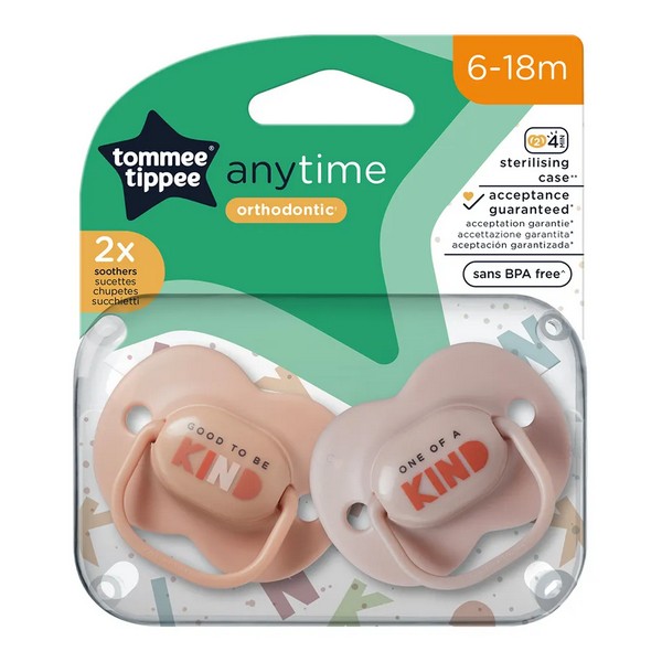 Продукт Tommee Tippee ANY TIME - Комплект от 2 бр. ортодонтични залъгалки със симетричен силиконов биберон, 6-18м, в кутия за стерилизиране - 0 - BG Hlapeta