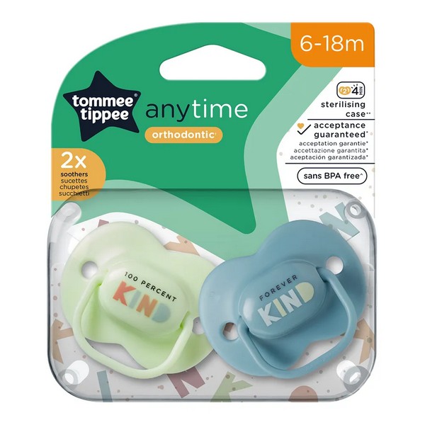 Продукт Tommee Tippee ANY TIME - Комплект от 2 бр. ортодонтични залъгалки със симетричен силиконов биберон, 6-18м, в кутия за стерилизиране - 0 - BG Hlapeta
