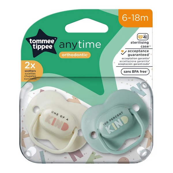 Продукт Tommee Tippee ANY TIME - Комплект от 2 бр. ортодонтични залъгалки със симетричен силиконов биберон, 6-18м, в кутия за стерилизиране - 0 - BG Hlapeta