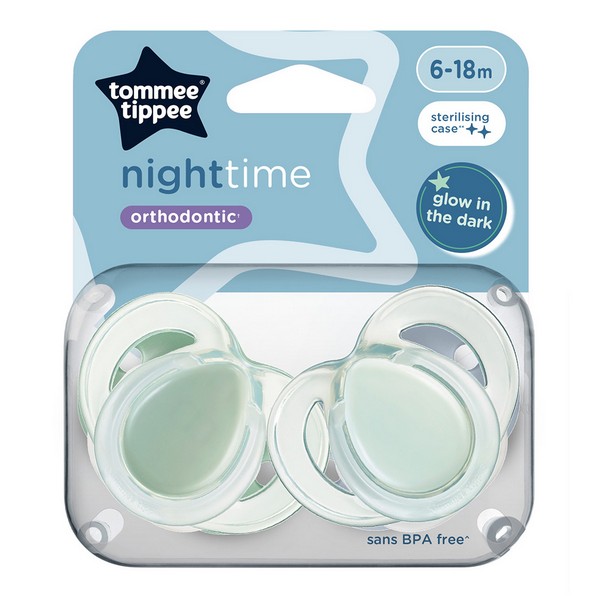 Продукт Tommee Tippee NIGHT TIME - Комплект от 2 бр. ортодонтични залъгалки със светеща в тъмното дръжка, 6-18м, в кутия за стерилизиране - 0 - BG Hlapeta